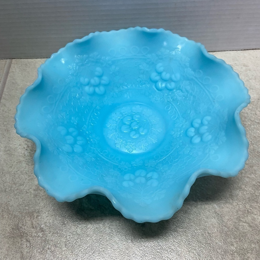 Vintage Fenton Blue Custard Glass Orange Cherry Blossom Dish‌‌‌‌‌‌‌‌‌‌